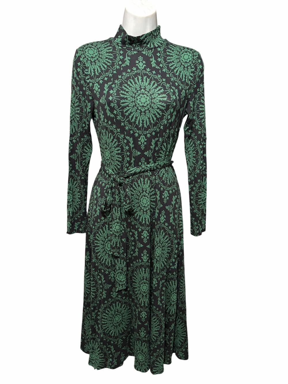 Boden Green Black Medallion Print Mock Neck Belted Long Sleeve Midi Dress 4R